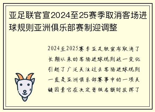 亚足联官宣2024至25赛季取消客场进球规则亚洲俱乐部赛制迎调整 亚足联官宣2024至25赛季取消客场进球规则亚洲俱乐部赛制迎调整